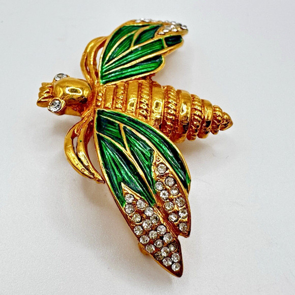 French Designer CARVEN Gold Tone Green Enamel Bee Brooch Pin Modele Depose #1282 - Picture 3 of 12